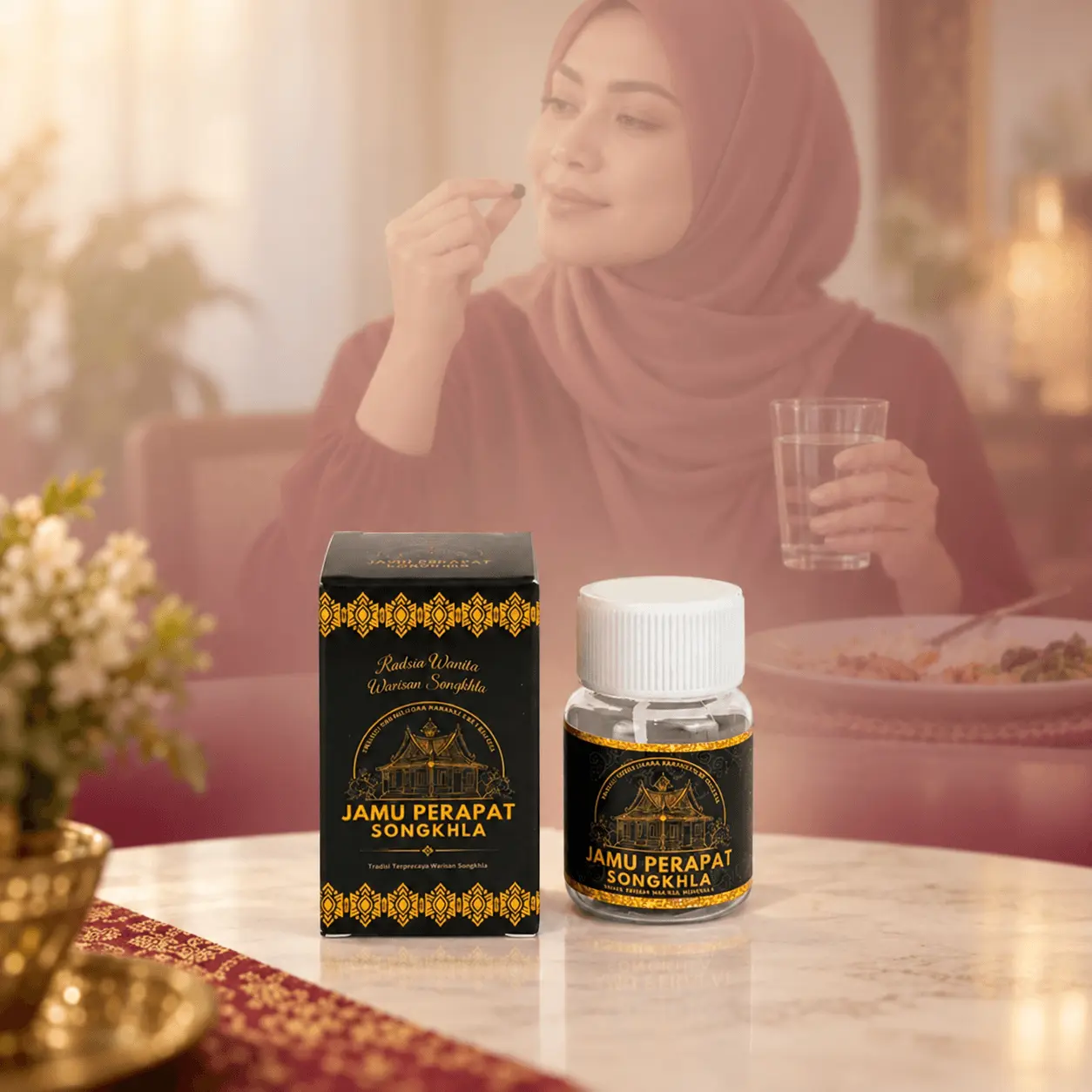 Wanita mengambil Jamu Songkhla selepas makan