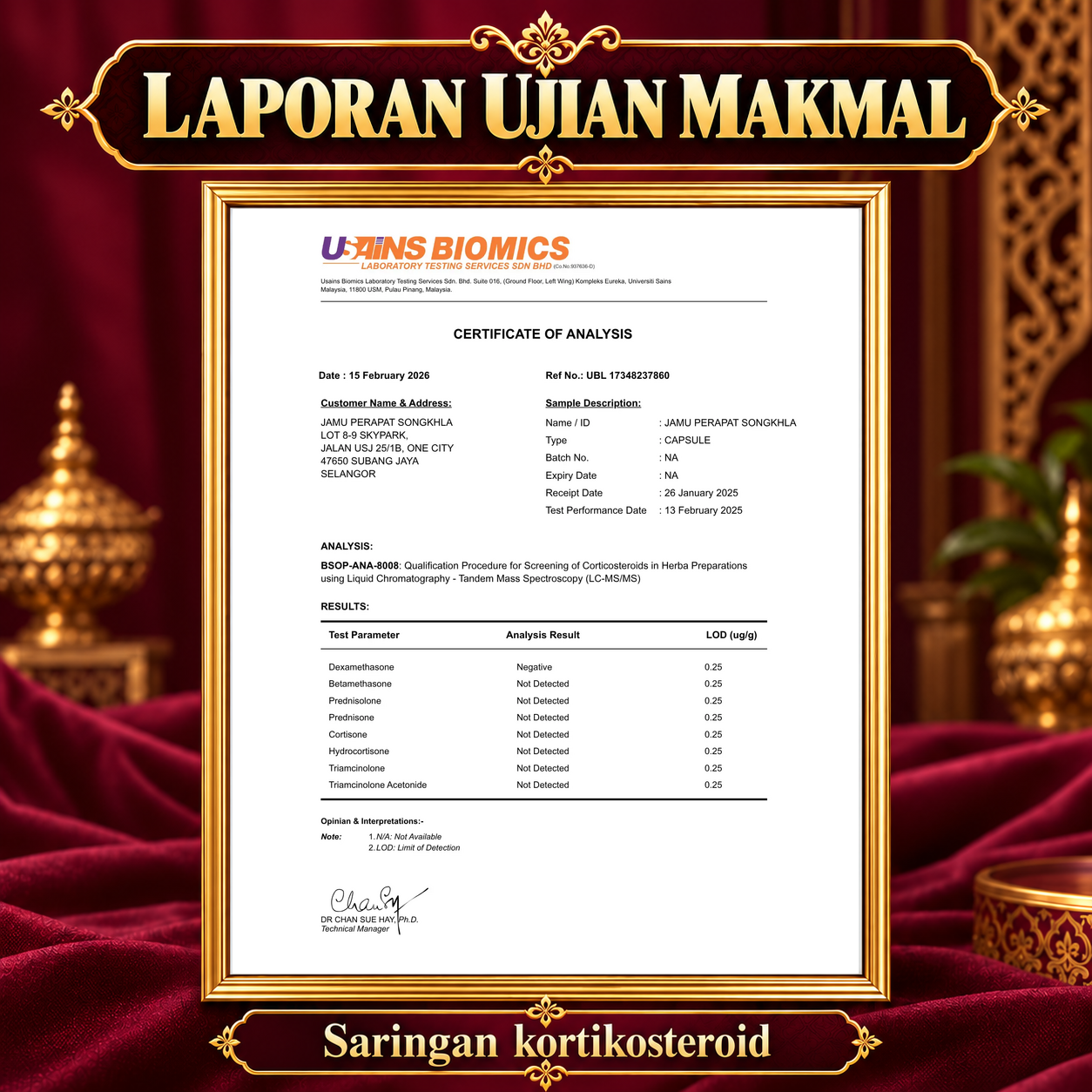 Laporan ujian makmal saringan kortikosteroid